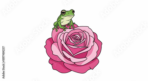 A cute green frog rests on a beautiful pink rose with layered petals