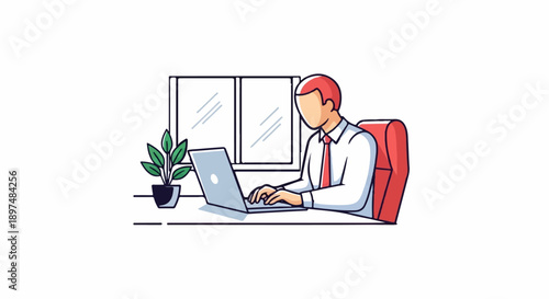Person in office working on laptop at desk with plant and window