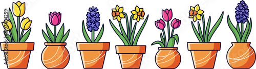 A vibrant array of potted spring flowers, including tulips, daffodils, and hyacinths, displayed in orange ceramic pots