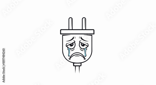 A cartoon electric plug with a sad, crying face and tears