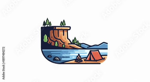 A stylized scene depicts a serene lakeside campsite with a cliff, trees, and mountains