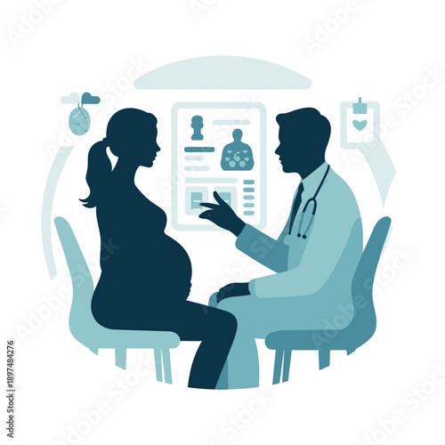 Pregnant woman consulting with a doctor in a medical office setting. isolated on white background, Vector, illustration