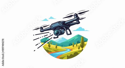 A drone hovers over a scenic landscape with a winding river, mountains, and trees