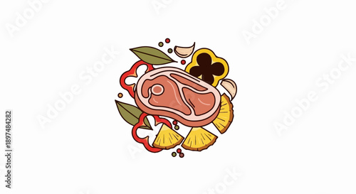 A raw steak surrounded by colorful ingredients like bell peppers, pineapple, garlic, and spices