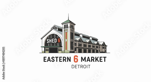 A hand-drawn illustration depicts a grand, historic market building with a central tower and arched windows