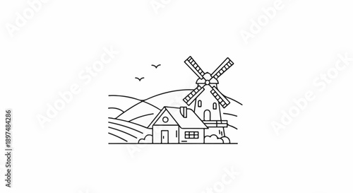 Stylized line drawing of a rural landscape featuring a windmill, house, and birds