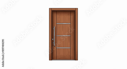 A modern wooden door with sleek horizontal metal accents and a prominent silver handle