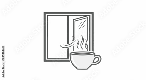 Open window with a cup of steaming beverage inside a room