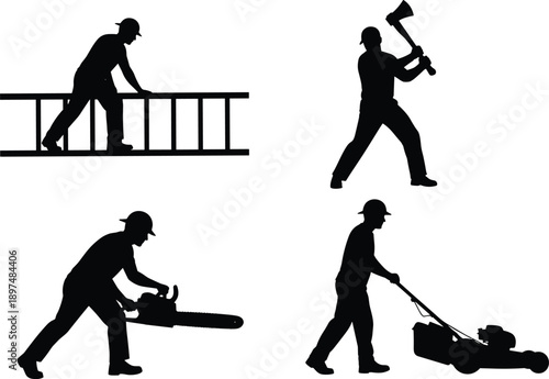 Set of Professional Male Worker Silhouettes Performing Manual Tasks Including Climbing Ladder Swinging Axe Using Chainsaw and Mowing the Lawn