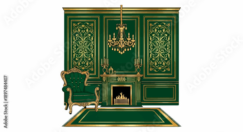 Ornate green room with fireplace, chandelier, and plush armchair