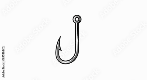 A sharp, curved metal fishing hook with a pointed end and a circular eyelet at the top