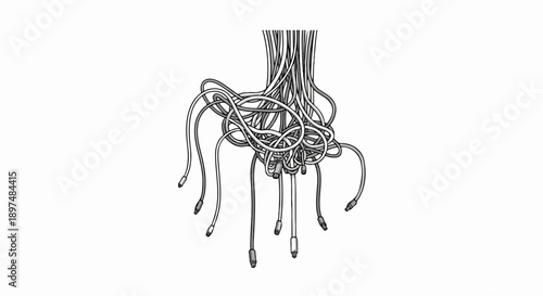 A tangle of wires and cables, some with connectors, hangs in a bundle