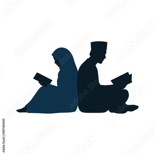 Silhouette of two people sitting back to back reading books together isolated on white background, Vector, illustration