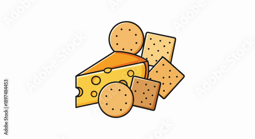 A wedge of Swiss cheese and several round and square crackers are arranged against a white background