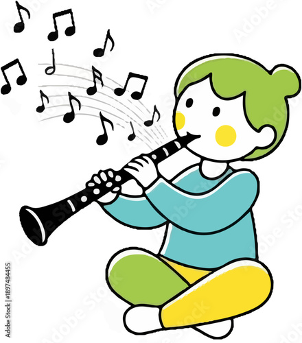 Child playing a clarinet with musical notes flying out