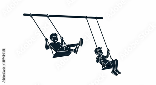 Two boys enjoy a sunny day on a swing set, one higher than the other, with smiles