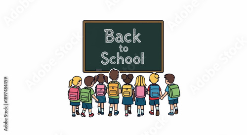 A diverse group of children with backpacks stand before a chalkboard that reads "Back to School
