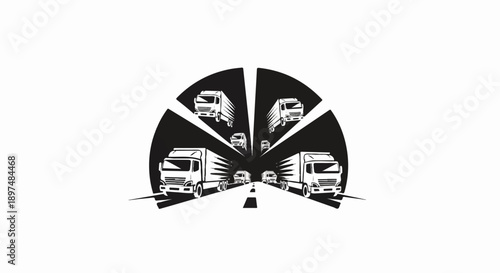Stylized graphic of multiple trucks on a road converging into a circular fan shape