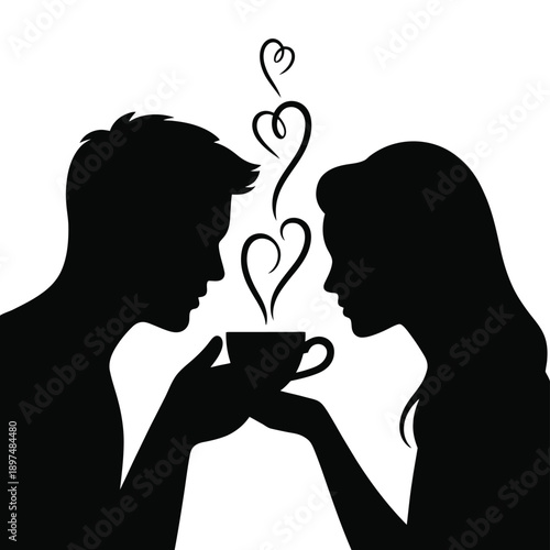 Couple sharing a moment with coffee and hearts floating above them isolated on white background, Vector, illustration