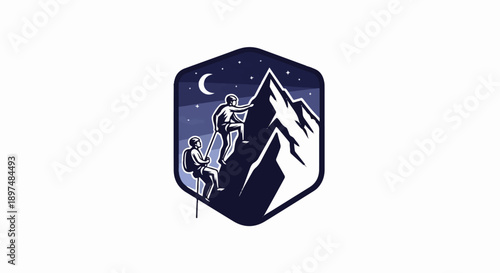 Two climbers ascend a mountain at night under a crescent moon and stars