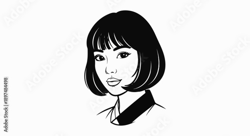 Stylized ink sketch of a young woman's face with short bobbed hair and a slight smile