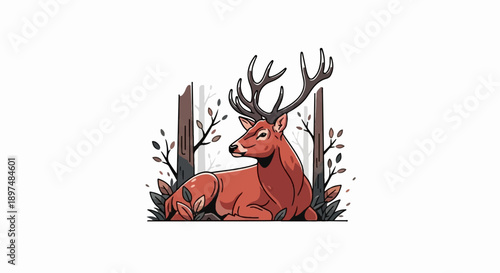 A stylized brown deer with large antlers rests peacefully amidst a forest setting