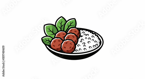 A simple illustration of a bowl of rice with meatballs and green leaves