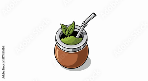 A clay cup filled with yerba mate and leaves, with a metal straw