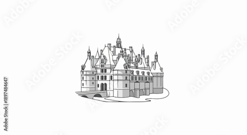 Elaborate, detailed sketch of a grand historic structure with multiple spires and a connecting bridge