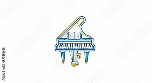 Stylized grand piano with open sheet music and musical note emblem