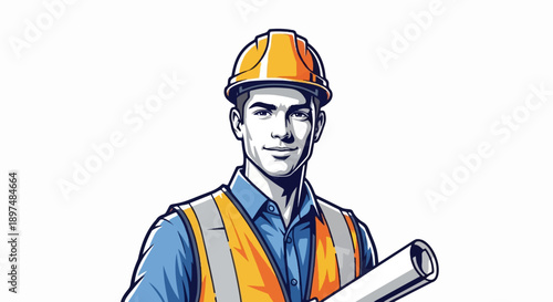 Young man in hard hat and vest holds blueprint, appears professional and ready