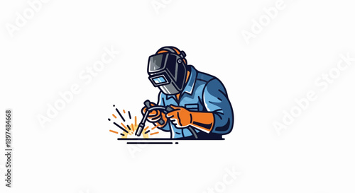 Welder with helmet and torch creating sparks, industrial worker crafting metal