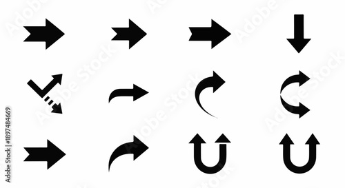 A collection of twelve different black arrow icons on a white background