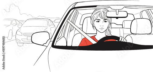 A young woman in a red shirt drives a car through heavy traffic with a serious expression