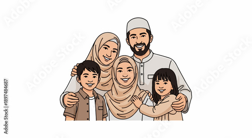 A smiling Muslim family, father, mother, and three children, wear traditional modest clothing