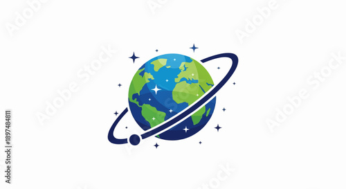 Stylized planet with orbiting ring and surrounding stars