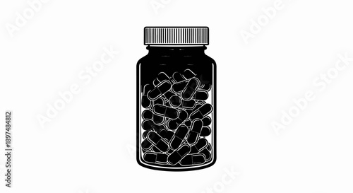Black and white illustration of a bottle filled with capsules