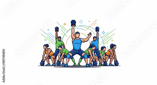 Diverse group performing kettlebell exercises in a dynamic workout setting