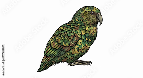 A green and brown patterned parrot perches, displaying its detailed plumage