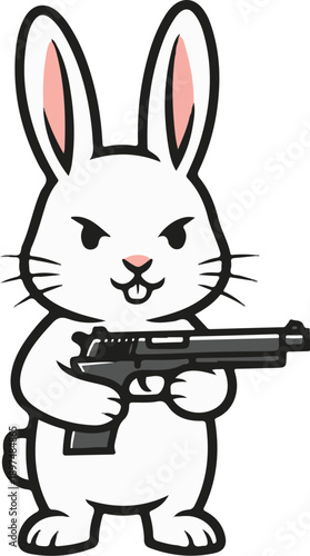 A cartoon white rabbit with pink inner ears, holding a pistol
