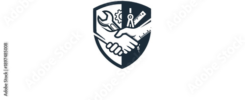 A handshake within a shield, symbolizing partnership, with tools of industry and measurement depicted