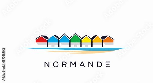 A row of colorful beach huts sits on a sandy shore, with blue waves lapping