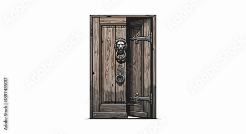 Ornate wooden double doors, one ajar, featuring a lion's head knocker and medieval hardware
