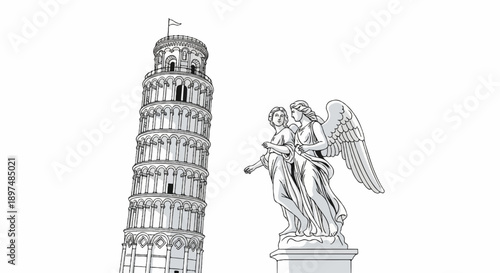 A sketch of the Leaning Tower of Pisa and a winged statue