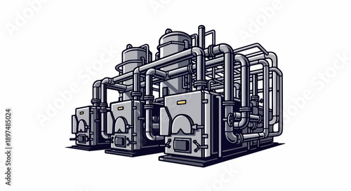 Industrial machinery with pipes and tanks, a complex network for processing