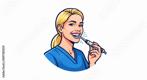 A smiling woman in blue scrubs uses a dental tool to clean her teeth