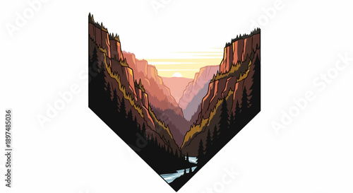 Pixelated canyon with river at sunset, framed by dark trees and cliffs