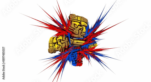 Stylized ancient stone figure exploding with red and blue energetic lines against a white background