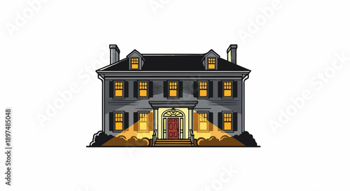 A stately, multi-story residence with a dark roof, illuminated windows, and entryway