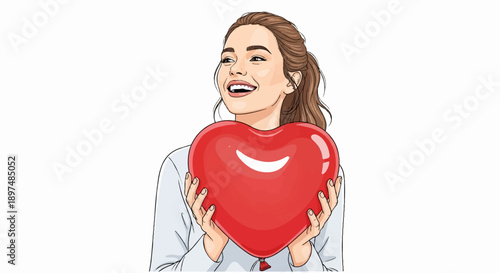 A smiling young woman holds a large red heart-shaped balloon in front of her